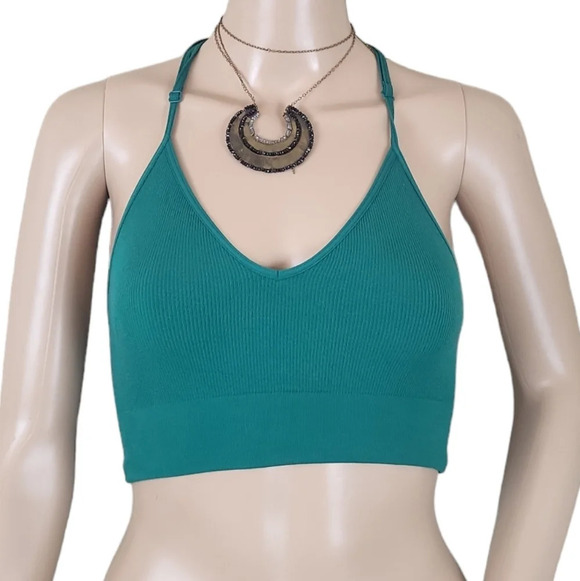 None Other - Ribbed Green Floral Racerback Bra